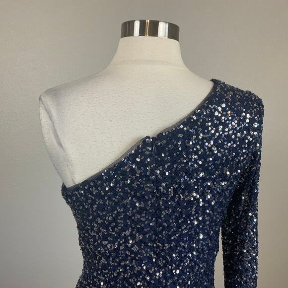 Betsy & Adam Women's Cocktail Dress Size 8 Blue Sequin One Shoulder Midi Sheath - Picture 9 of 14